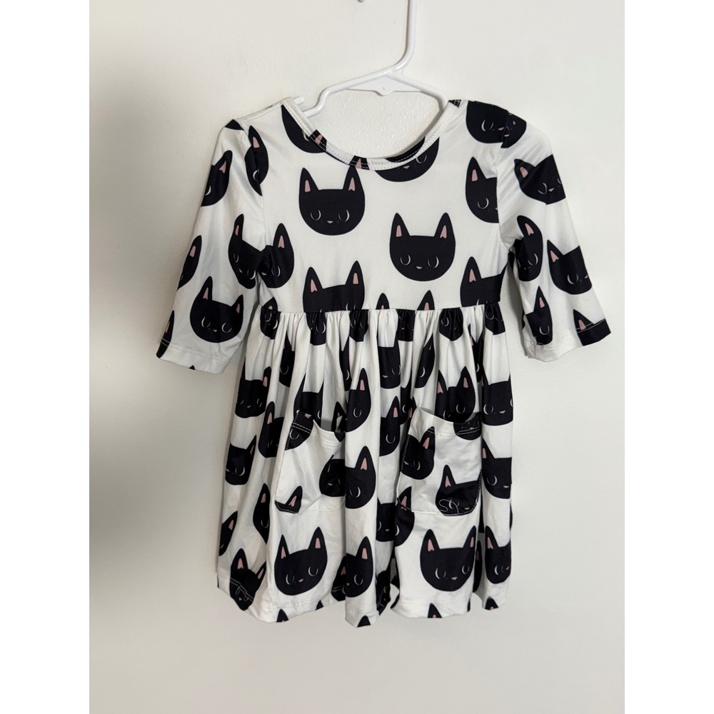Mila & Rose Purrfect Cat Print 3/4 Sleeve Pocket Twirl Dress White Black 2T Girl